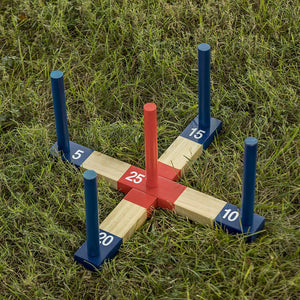 Triumph Compact and Portable Wood Ring Toss with 1 Wooden 5-Peg Target, 2 Red Rope Toss Rings and 2 Blue Rope Toss Rings