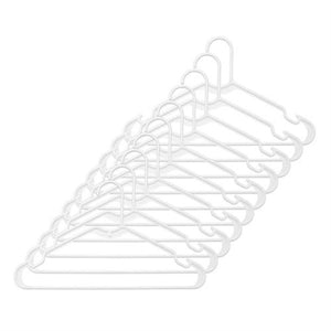Whitmor Set of 10 Plastic Hangers - These hangers feature an off-center hook that prevents necklines from stretching. The notched shoulders keep garments in place, and the ribbed pant bar eliminates slipping. Set of 10 hangers in white.